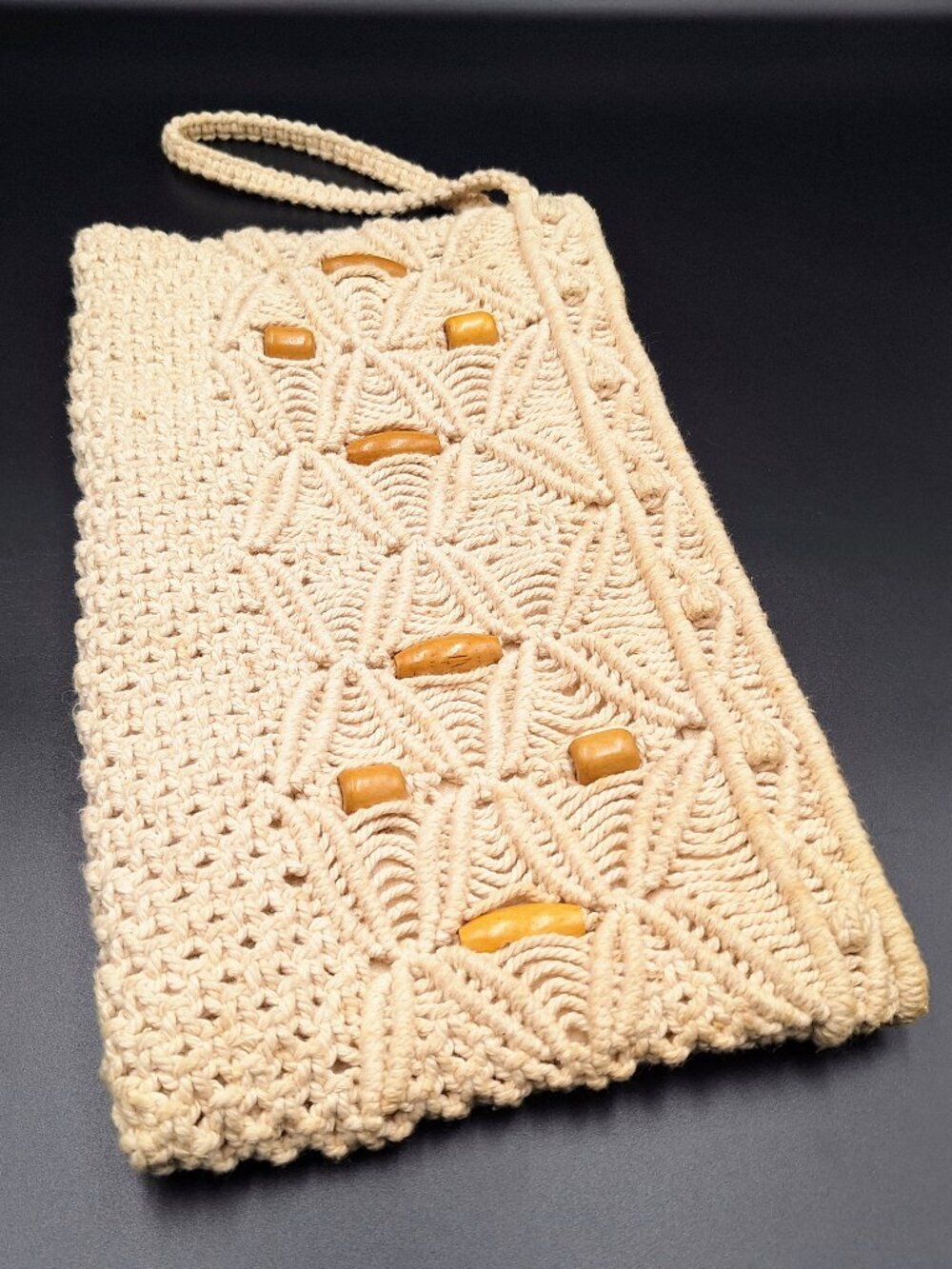 Ivory Macrame Wooden Bead Crochet Knit Wristlet Clutch Grandma Boho